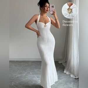 White Summer Halter Neckline Maxi Dress with Flower Gold Accent - Small